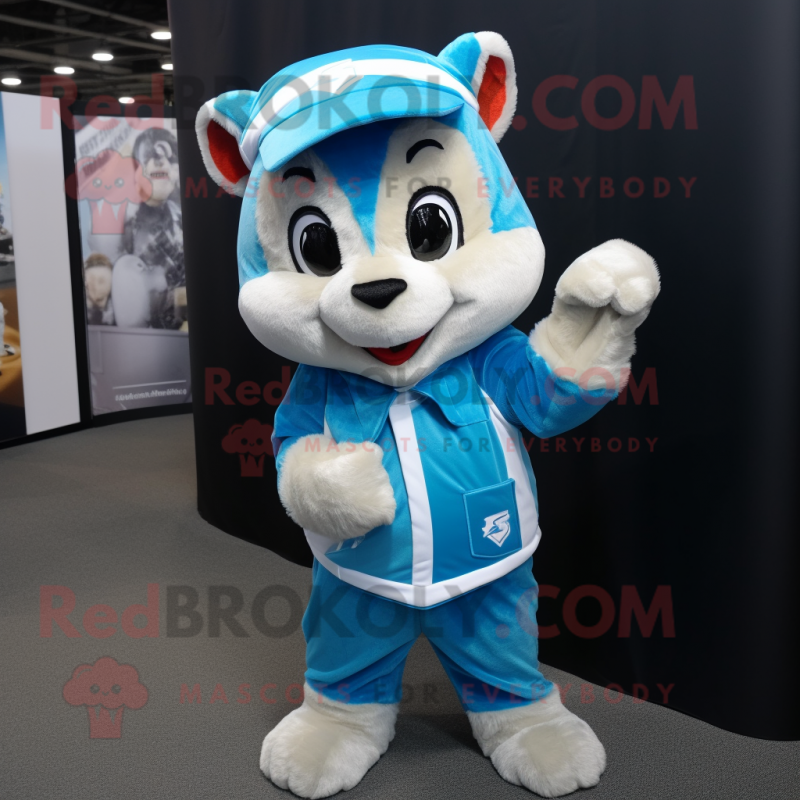 Sky Blue Chipmunk mascot costume character dressed with a Jumpsuit and Beanies Sky Blue Chipmunk mascot costume character dressed with a Jumpsuit and Beanies