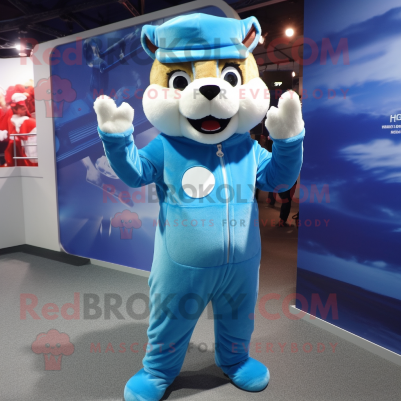 Sky Blue Chipmunk mascot costume character dressed with a Jumpsuit and Beanies