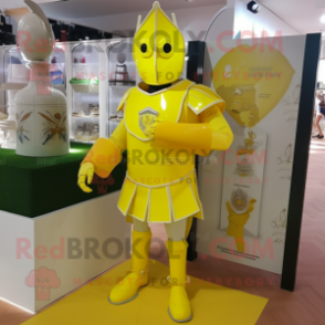 Lemon Yellow Medieval Knight mascot costume character dressed with a Windbreaker and Anklets