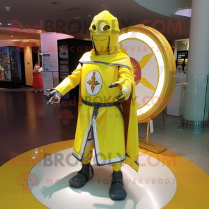 Lemon Yellow Medieval Knight mascot costume character dressed with a Windbreaker and Anklets