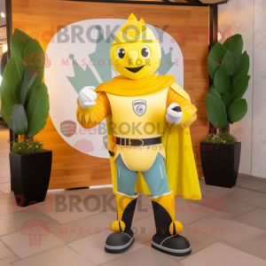 Lemon Yellow Medieval Knight mascot costume character dressed with a Windbreaker and Anklets