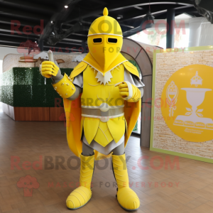 Lemon Yellow Medieval Knight mascot costume character dressed with a Windbreaker and Anklets