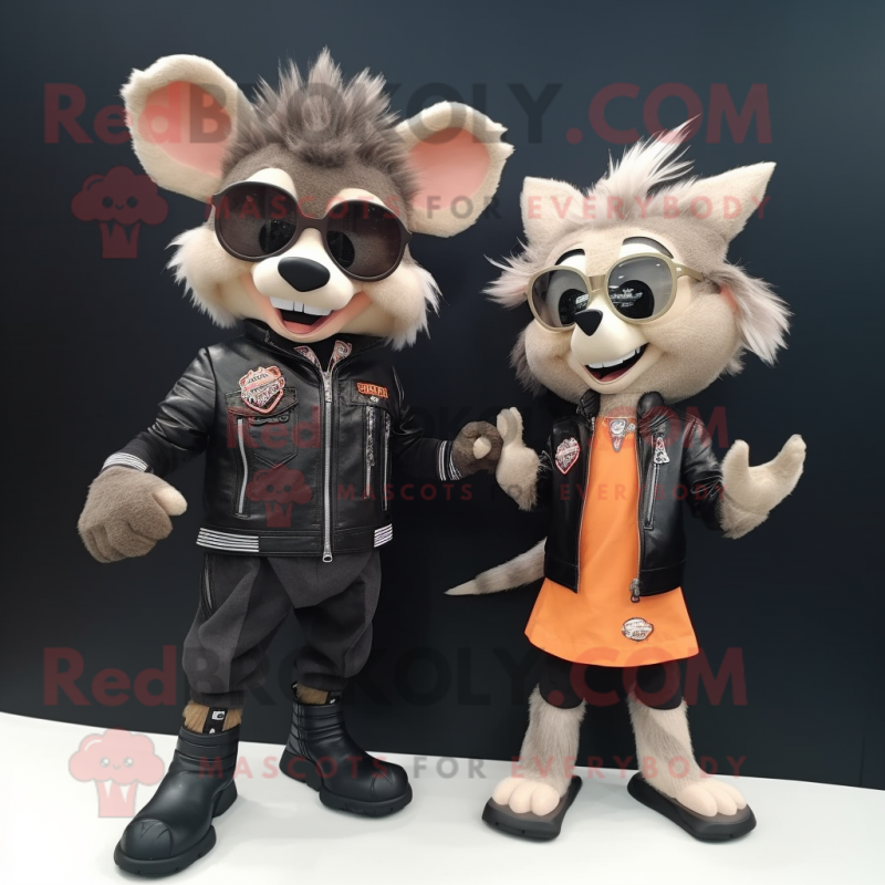 Peach Aye-Aye mascot costume character dressed with a Biker Jacket and Watches