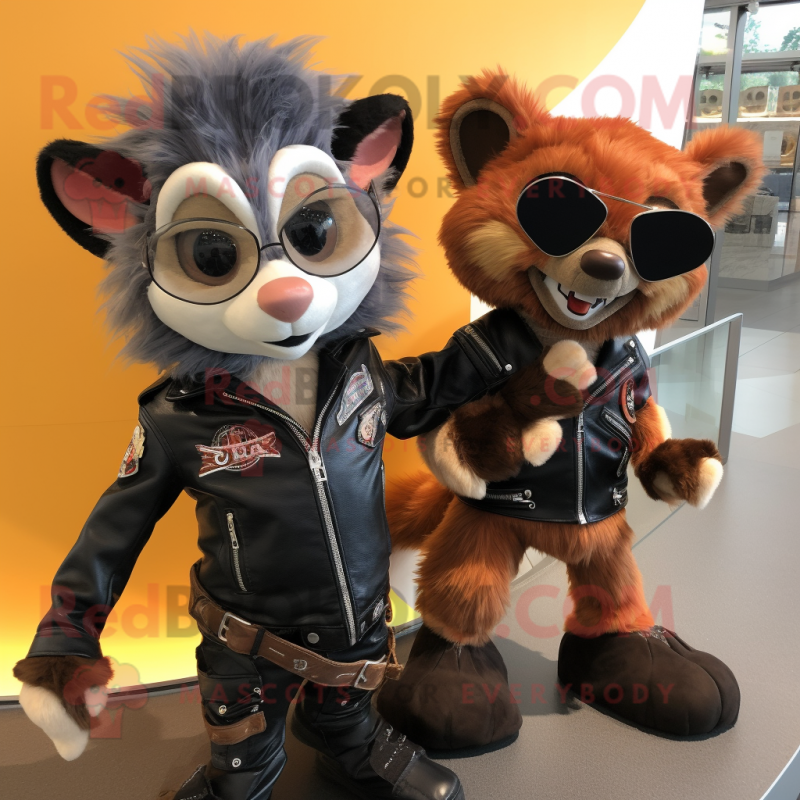 Peach Aye-Aye mascot costume character dressed with a Biker Jacket and Watches Peach Aye-Aye mascot costume character dressed with a Biker Jacket and Watches