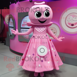 Pink Plate Spinner mascot costume character dressed with a Midi Dress and Coin purses