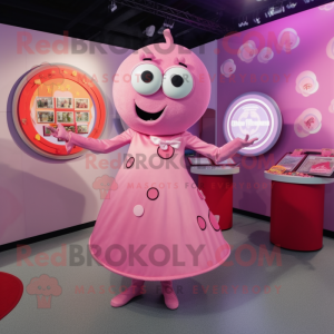 Pink Plate Spinner mascot costume character dressed with a Midi Dress and Coin purses