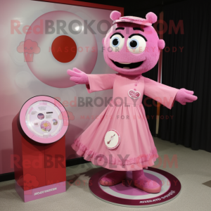 Pink Plate Spinner mascot costume character dressed with a Midi Dress and Coin purses