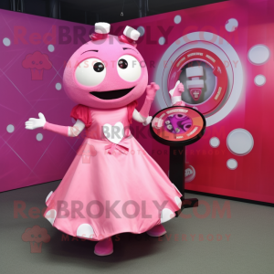 Pink Plate Spinner mascot costume character dressed with a Midi Dress and Coin purses