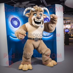 Beige Minotaur mascot costume character dressed with a Jeans and Rings