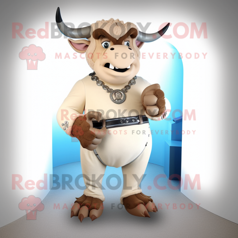 Beige Minotaur mascot costume character dressed with a Jeans and Rings