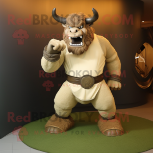 Beige Minotaur mascot costume character dressed with a Jeans and Rings