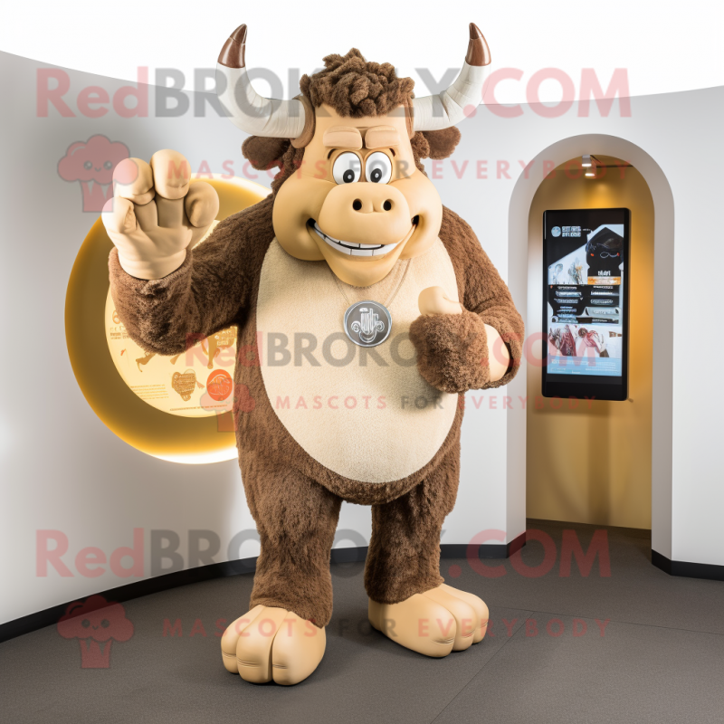 Beige Minotaur mascot costume character dressed with a Jeans and Rings Beige Minotaur mascot costume character dressed with a Jeans and Rings