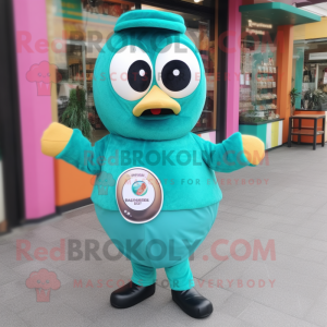 Teal Bagels mascot costume character dressed with a Sweatshirt and Clutch bags