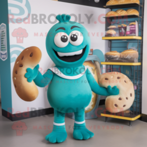 Teal Bagels mascot costume character dressed with a Sweatshirt and Clutch bags