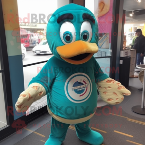 Teal Bagels mascot costume character dressed with a Sweatshirt and Clutch bags