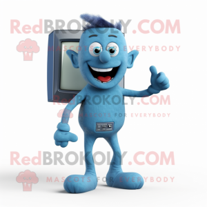 Blue Television mascot costume character dressed with a Jeggings and Suspenders