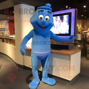 Blue Television mascot costume character dressed with a Jeggings and Suspenders