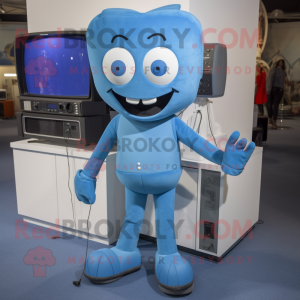 Blue Television mascot costume character dressed with a Jeggings and Suspenders