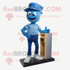 Blue Television mascot costume character dressed with a Jeggings and Suspenders