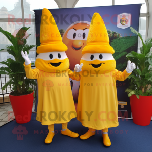Yellow Carrot mascot costume character dressed with a Midi Dress and Berets