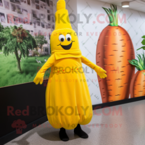 Yellow Carrot mascot costume character dressed with a Midi Dress and Berets