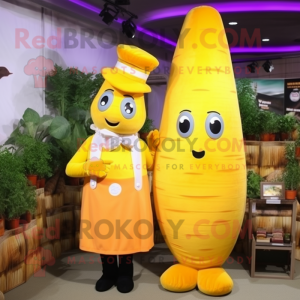 Yellow Carrot mascot costume character dressed with a Midi Dress and Berets