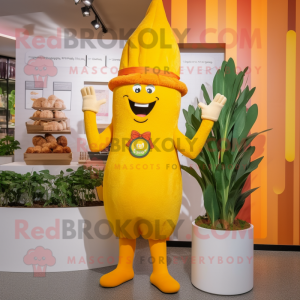 Yellow Carrot mascot costume character dressed with a Midi Dress and Berets