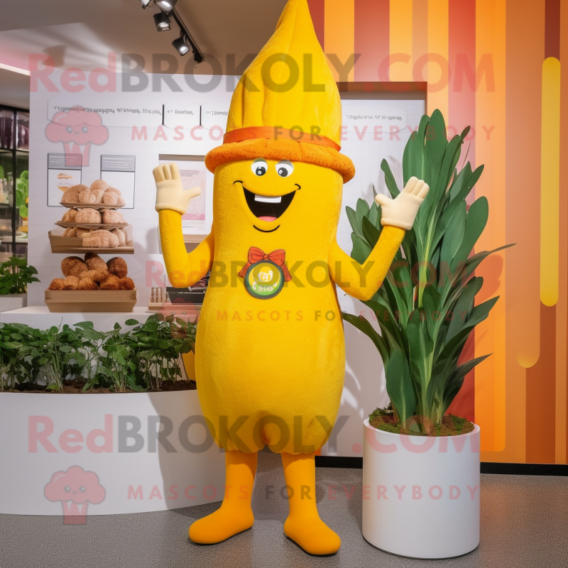 Yellow Carrot mascot costume character dressed with a Midi Dress and Berets Yellow Carrot mascot costume character dressed with a Midi Dress and Berets