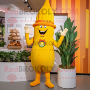 Yellow Carrot mascot costume character dressed with a Midi Dress and Berets