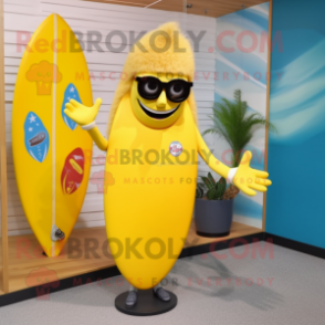 Yellow Surfboard mascot costume character dressed with a Flare Jeans and Sunglasses