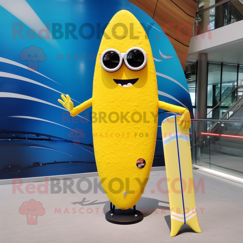 Yellow Surfboard mascot costume character dressed with a Flare Jeans and Sunglasses Yellow Surfboard mascot costume character dressed with a Flare Jeans and Sunglasses