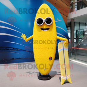 Yellow Surfboard mascot costume character dressed with a Flare Jeans and Sunglasses