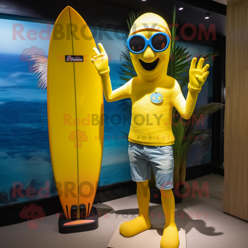 Yellow Surfboard mascot costume character dressed with a Flare Jeans and Sunglasses Yellow Surfboard mascot costume character dressed with a Flare Jeans and Sunglasses