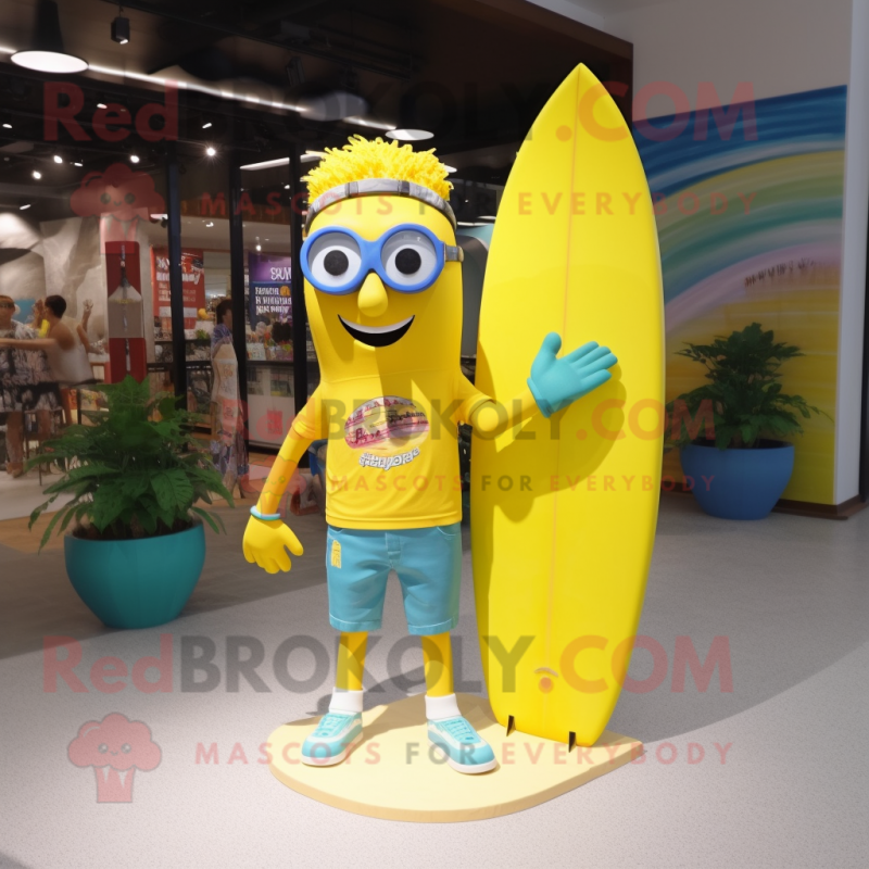 Yellow Surfboard mascot costume character dressed with a Flare Jeans and Sunglasses Yellow Surfboard mascot costume character dressed with a Flare Jeans and Sunglasses