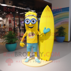 Yellow Surfboard mascot costume character dressed with a Flare Jeans and Sunglasses