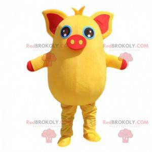 Mascotte de cochon jaune et rouge, dodu et divertissant -