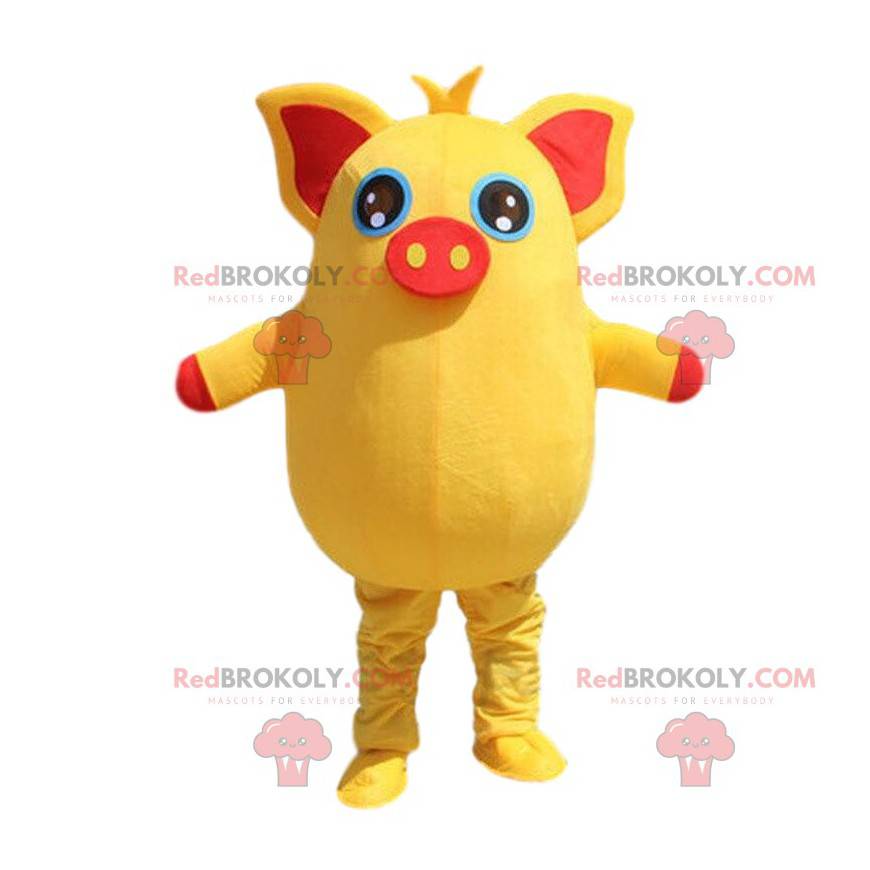 Mascotte de cochon jaune et rouge, dodu et divertissant -