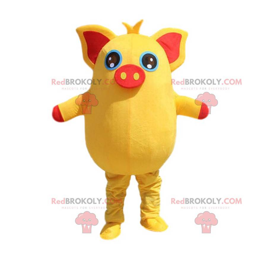 Mascotte maiale giallo e rosso, paffuto e divertente - Mascotte maiale giallo e rosso, paffuto e divertente -