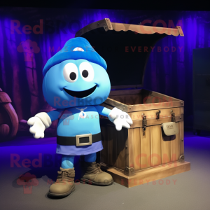 Blue Treasure Chest mascot costume character dressed with a Cargo Shorts and Shoe laces