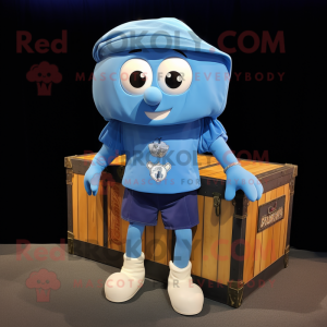Blue Treasure Chest mascot costume character dressed with a Cargo Shorts and Shoe laces