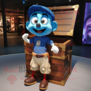 Blue Treasure Chest mascot costume character dressed with a Cargo Shorts and Shoe laces