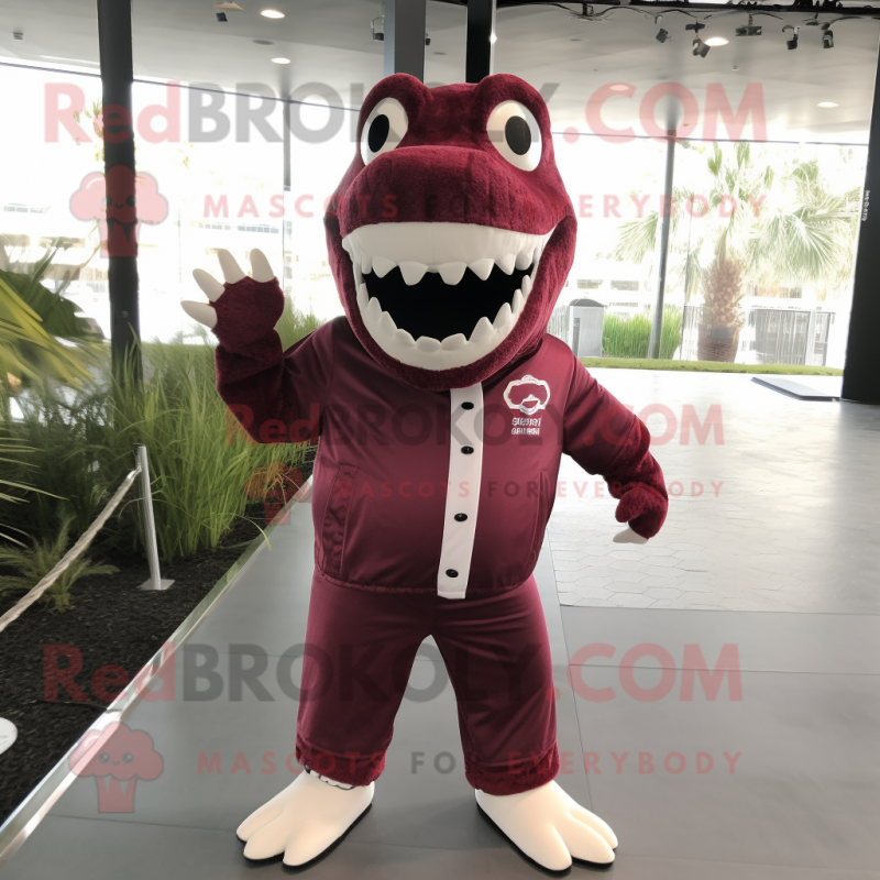 Maroon Crocodile mascot costume character dressed with a Romper and Hairpins Maroon Crocodile mascot costume character dressed with a Romper and Hairpins