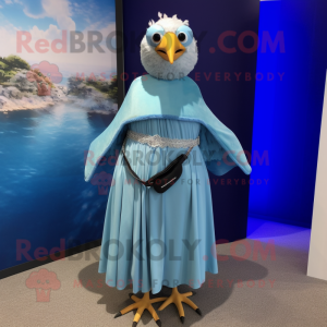 Sky Blue Gull mascot costume character dressed with a Maxi Dress and Belts
