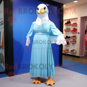 Sky Blue Gull mascot costume character dressed with a Maxi Dress and Belts