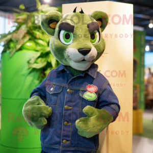 Green Puma mascot costume character dressed with a Denim Shirt and Brooches