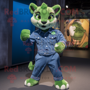 Green Puma mascot costume character dressed with a Denim Shirt and Brooches