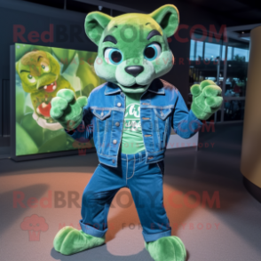 Green Puma mascot costume character dressed with a Denim Shirt and Brooches