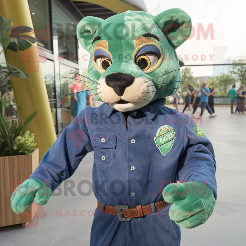 Green Puma mascot costume character dressed with a Denim Shirt and Brooches