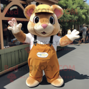 Tan Hamster mascot costume character dressed with a Dungarees and Mittens