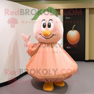 Peach Plum mascot costume character dressed with a Wrap Skirt and Lapel pins